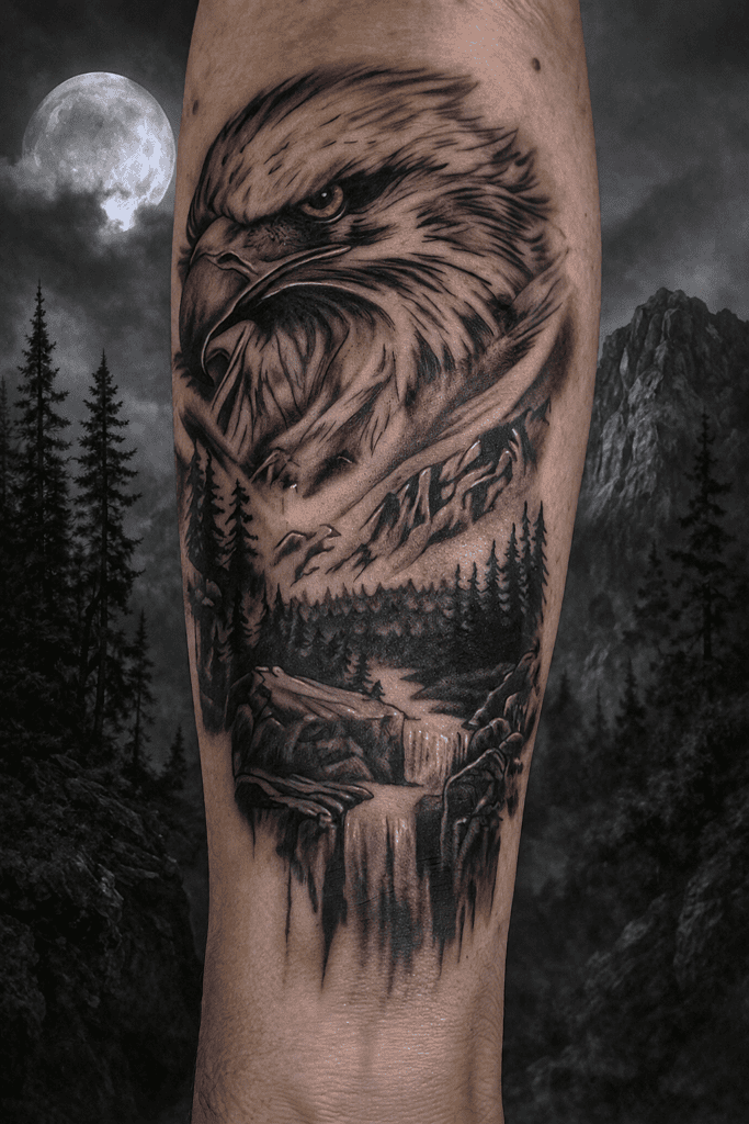 Tattoo Aquila Realistica Paesaggio Braccio Longare