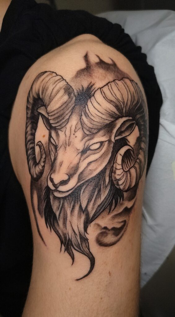Tattoo Ariete Black Grey Realistico Spalla Longare