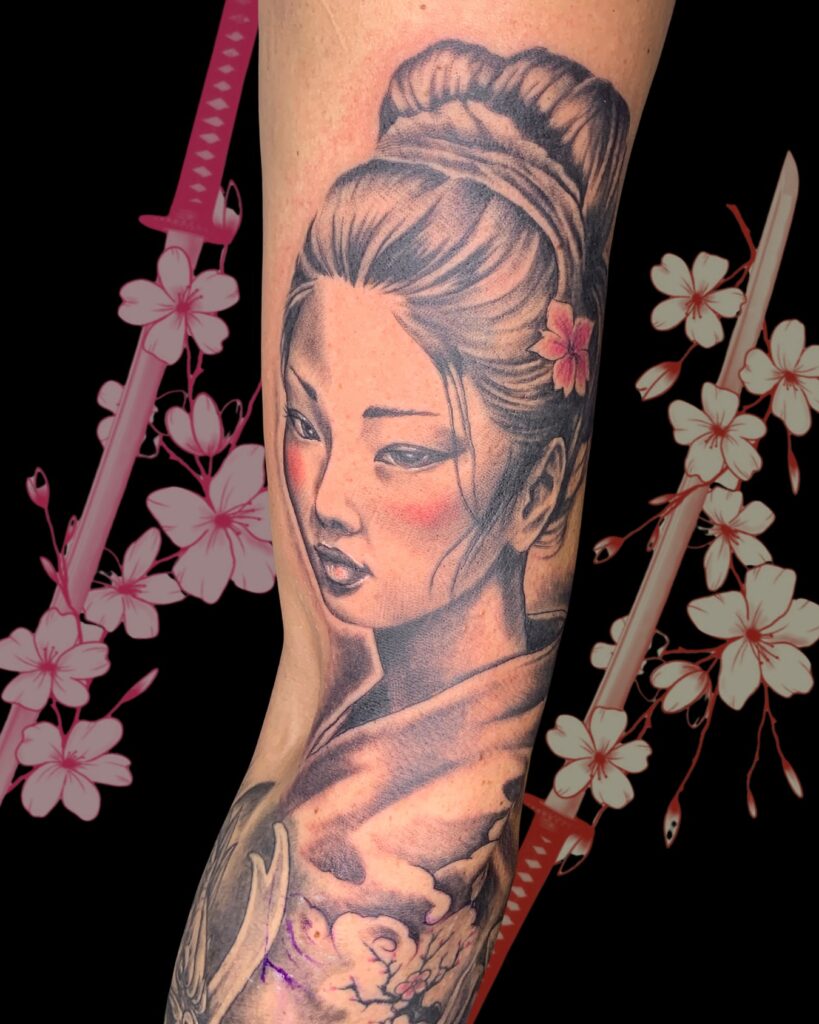 Tattoo Geisha Giapponese Sakura Black Grey Avambraccio Longare