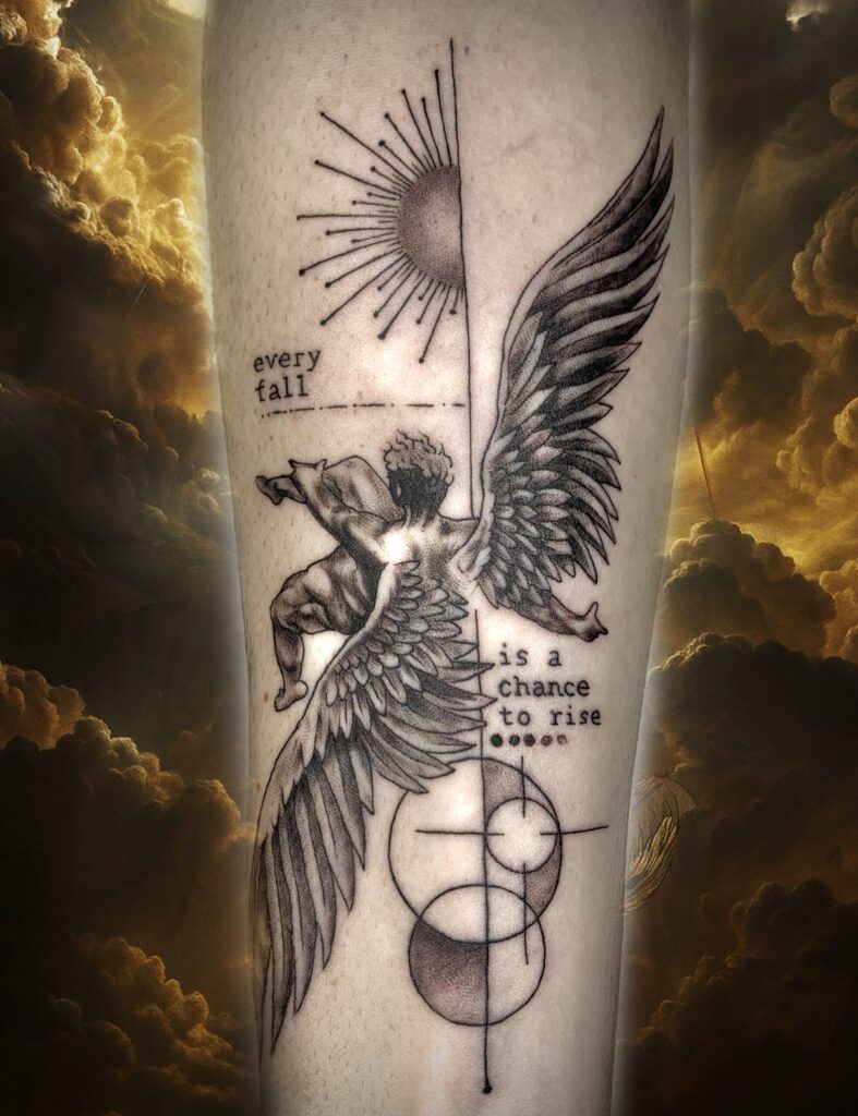 Tattoo Icaro Angelo Caduta Geometrico Frase Black Grey Avambraccio Longare
