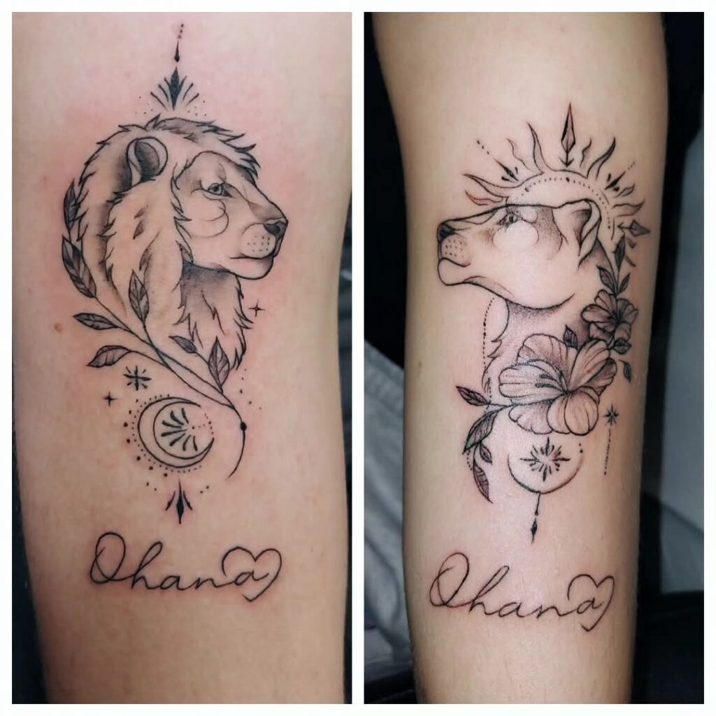 Tattoo Leone Leonessa Coppia Ohana Fiori Luna Sole Black Grey Longare