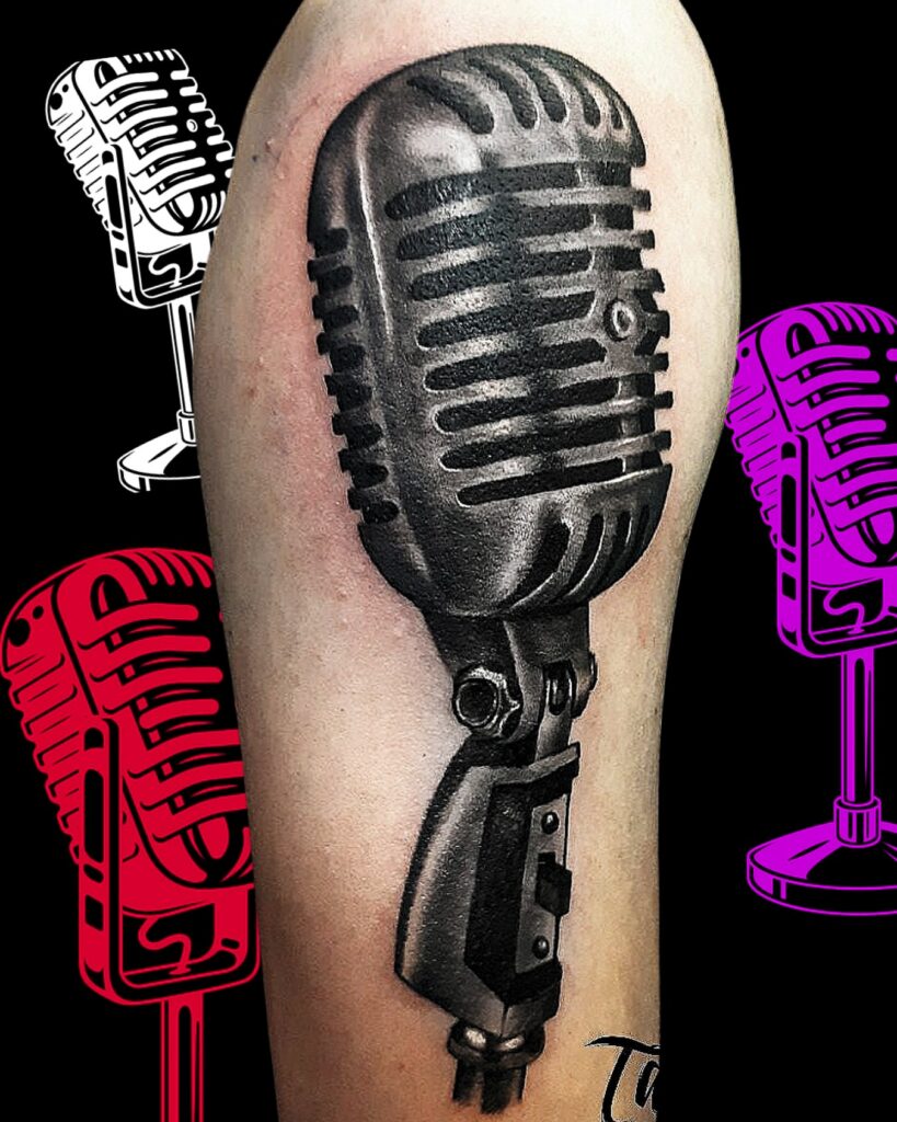 Tattoo Microfono Vintage Realistico Black Grey Braccio Longare