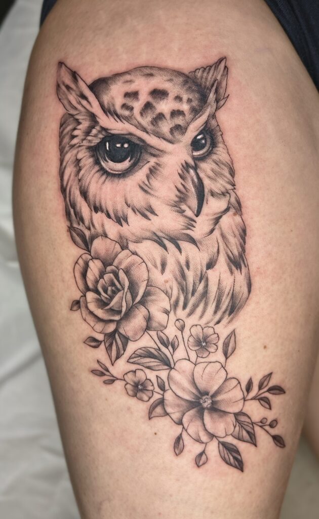 Tattoo Realistico Gufo con Fiori