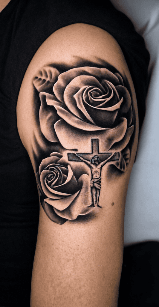 Tattoo Religioso Rose Crocifisso Gesù Black Grey Braccio Longare